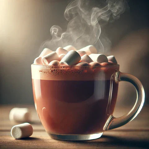 Steaming mug of hot chocolate from Schoolyard Snacks topped with marshmallows on a wooden table.